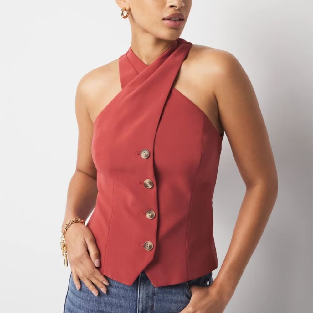 White House Black Market Rust Red Halter Button-Front Vest